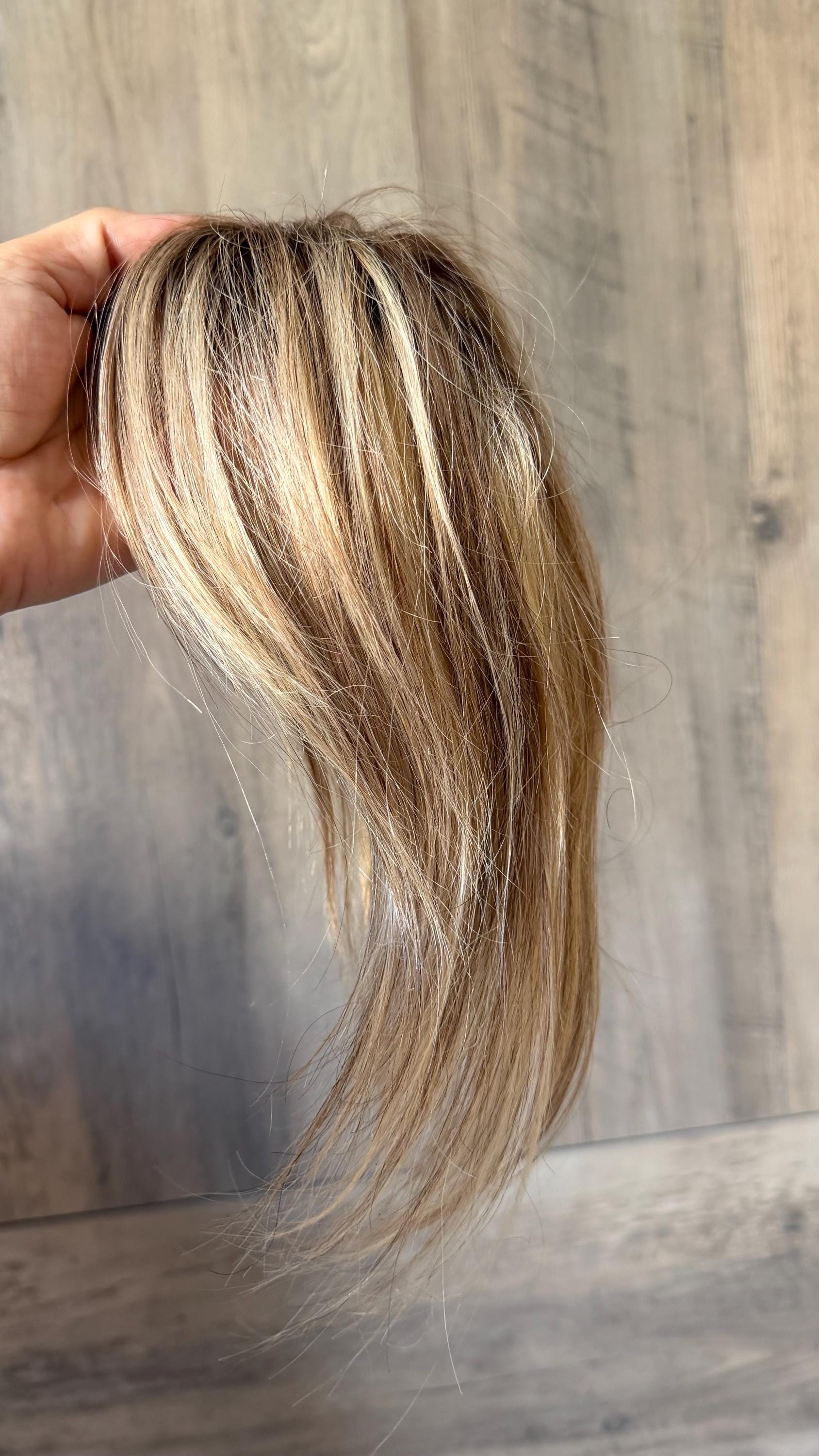 Human Hair Fringe Bangs Topper 3x4.5” | ashy blonde with mushroom roots Human hair | hair Coverage | Thinning Hair | 10" | CHITAKE