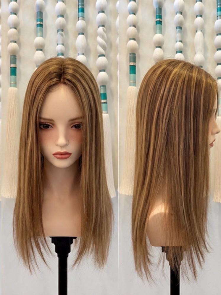 MONAKA Remy Human Hair Topper 20" | 3x5.5” monofilament top| Low Density | Medium Brown with Golden Highlights