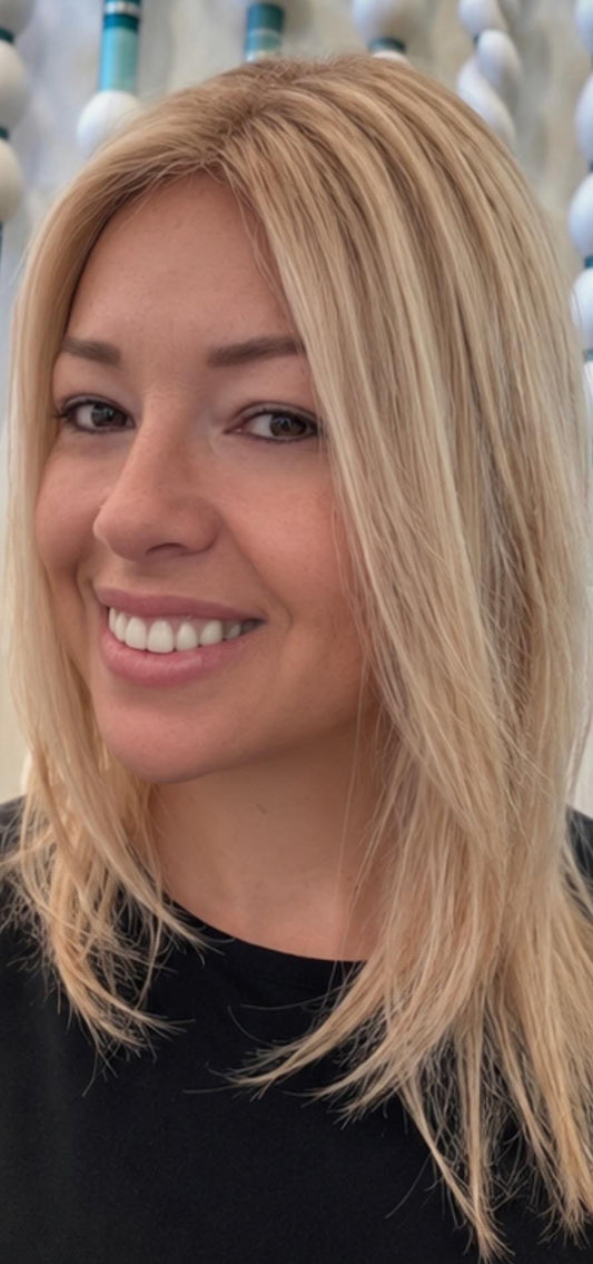 ALFAJOR Remy Human Hair Topper 16" | 3x5.5” monofilament top| Natural Density | Bright Blonde with blonde lowlights