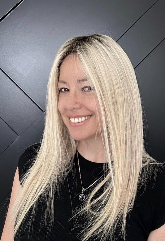 BREVA Layered European Remy Human Hair Wig | Natural Density 9x5” Lace Top Wig | natural black with light blonde Mid and ends | 18-24”