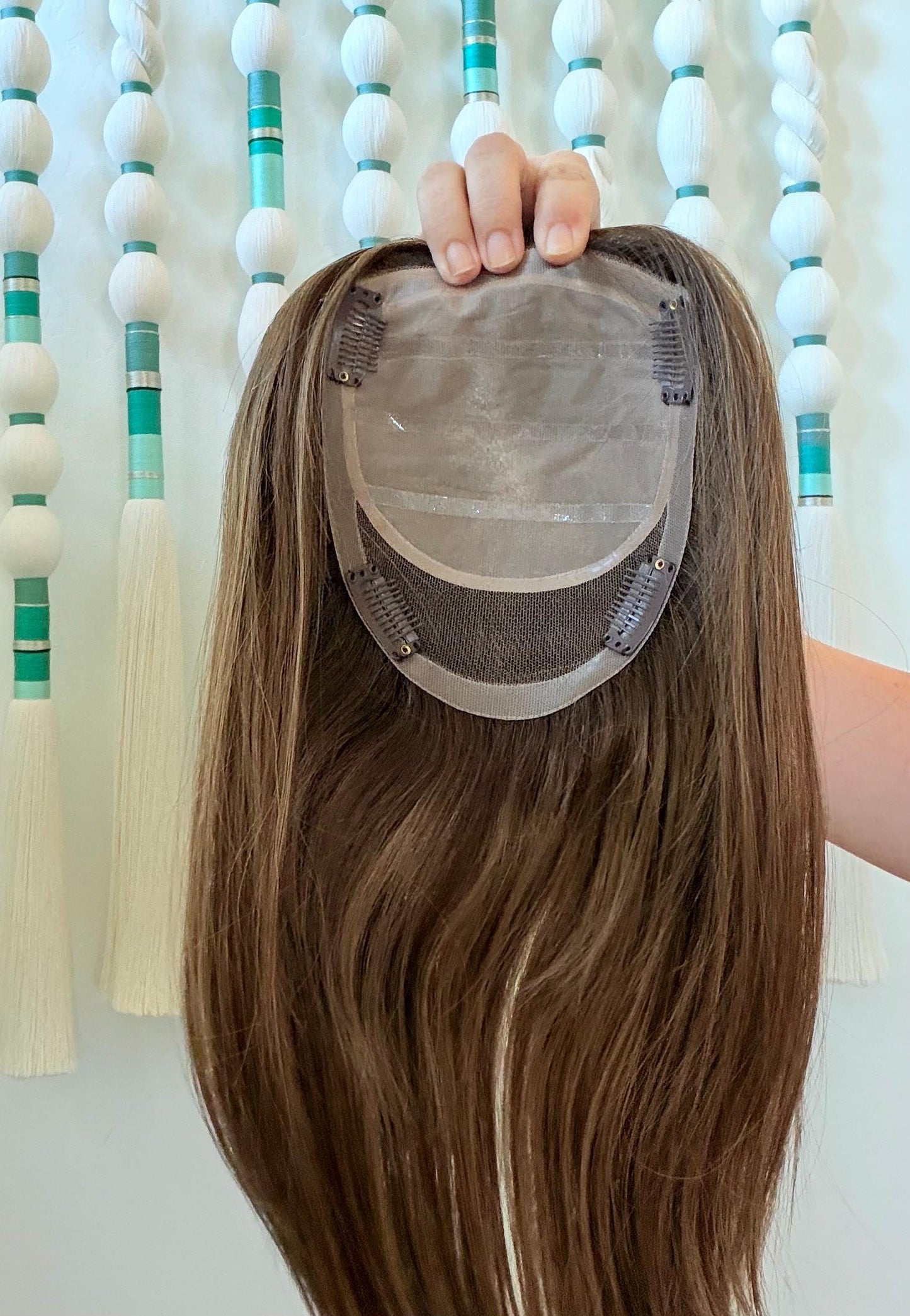 OPERA 5x6.5”” Remy Human Hair Topper 18” silk top| Low Density | Brown with caramel Highlights