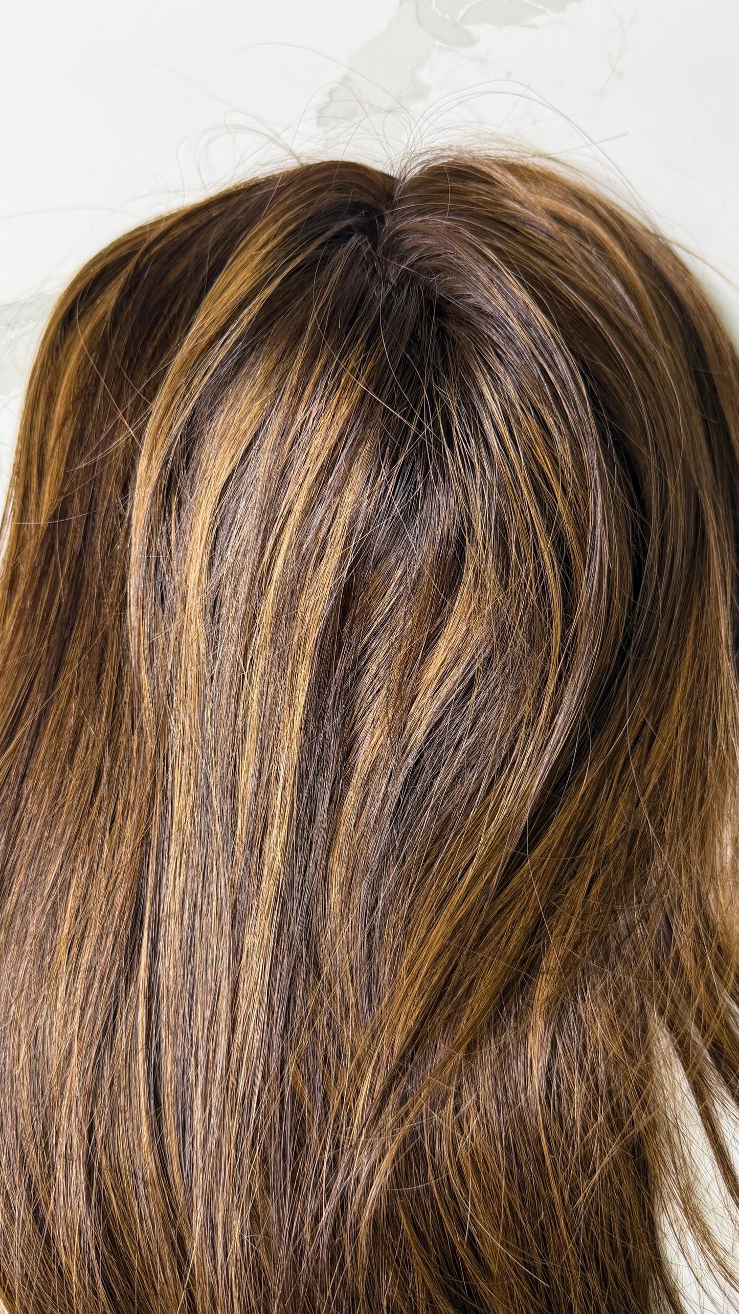 TARTE 6.5x7”” Remy Human Hair Topper 18” silk top| Natural Density | Dark Brown with caramel golden Highlights