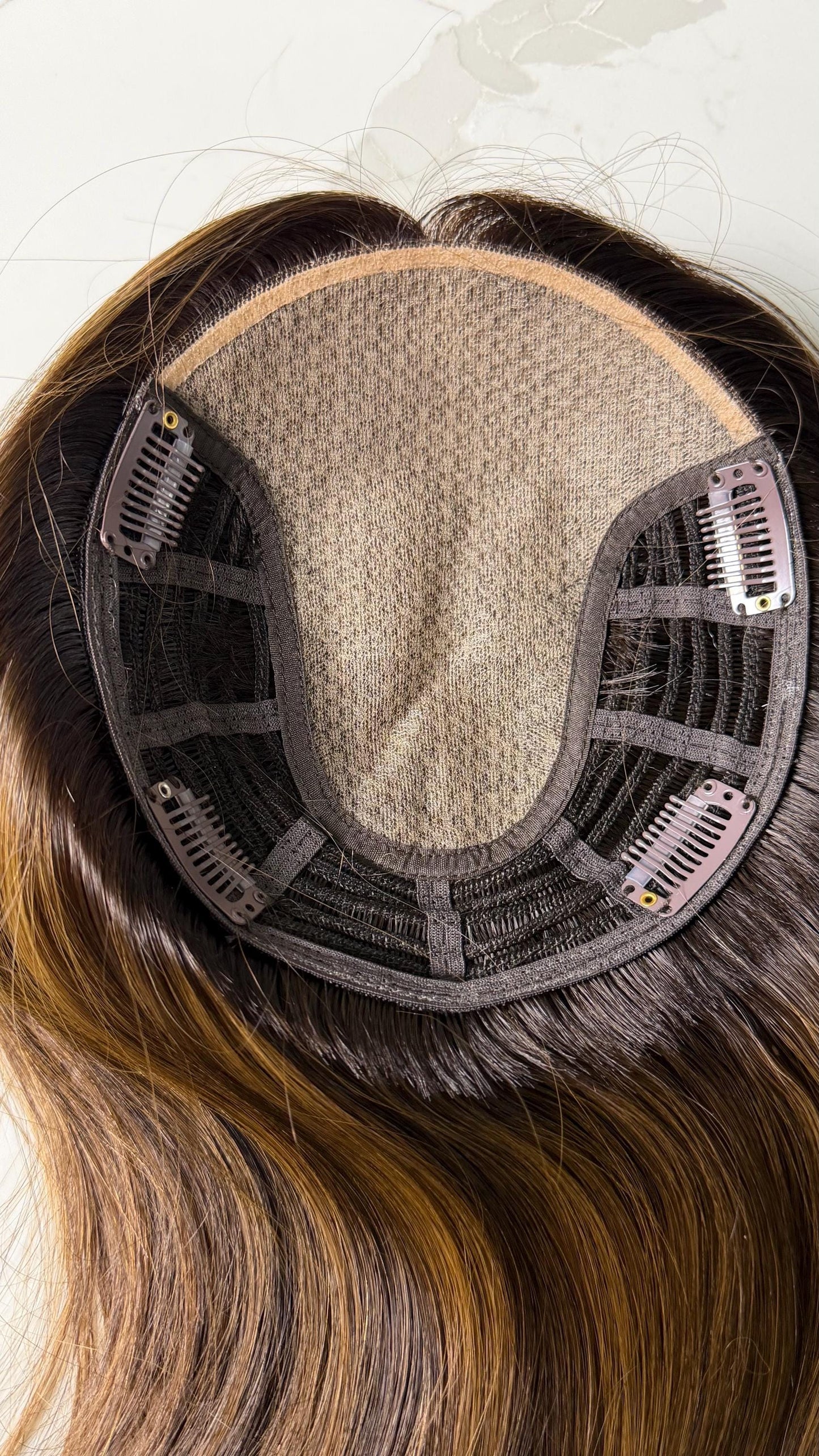 TARTE 6.5x7”” Remy Human Hair Topper 18” silk top| Natural Density | Dark Brown with caramel golden Highlights