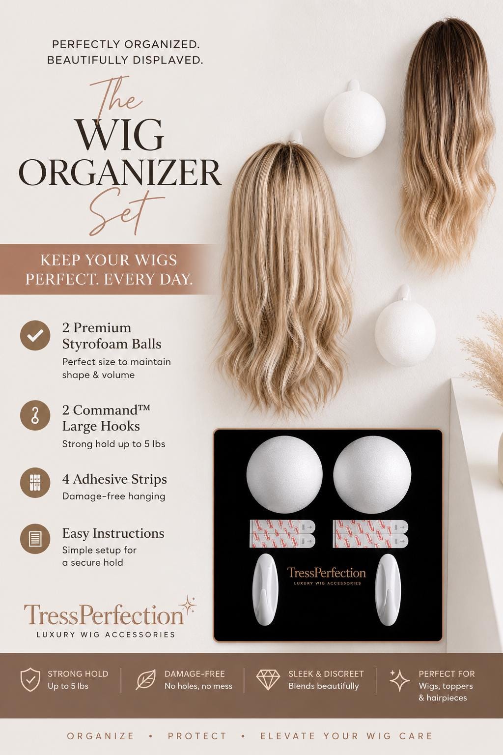 Wall-Mounted Wig & Topper Organizer Set of 2, Wig Storage Holder, 6” Foam Head Stand, Wig Display, Hairpiece and Topper Storage