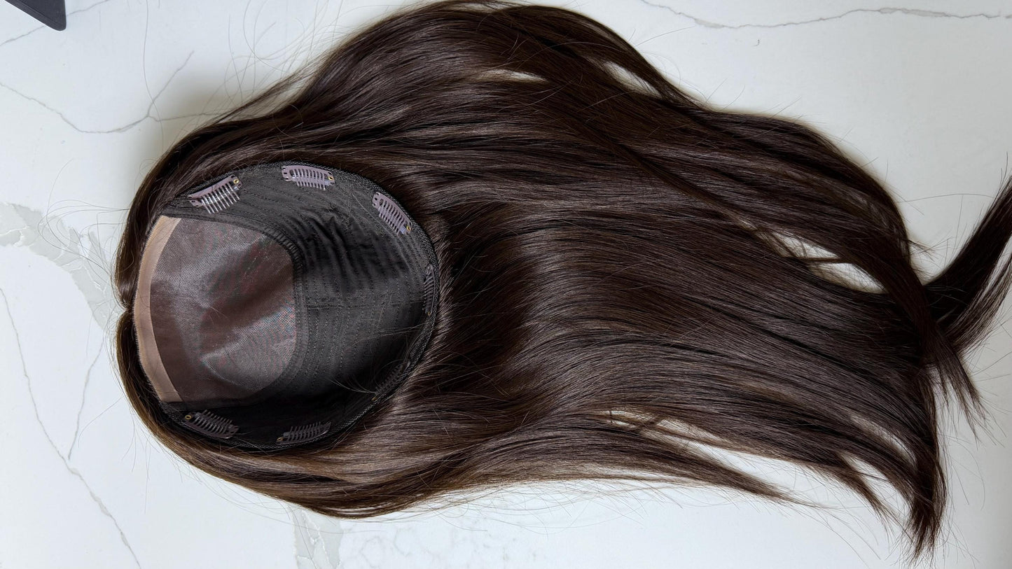 TORRONE 8.5x9” Remy Human Hair Topper 18” monofilament top| Low Density | Dark Brown