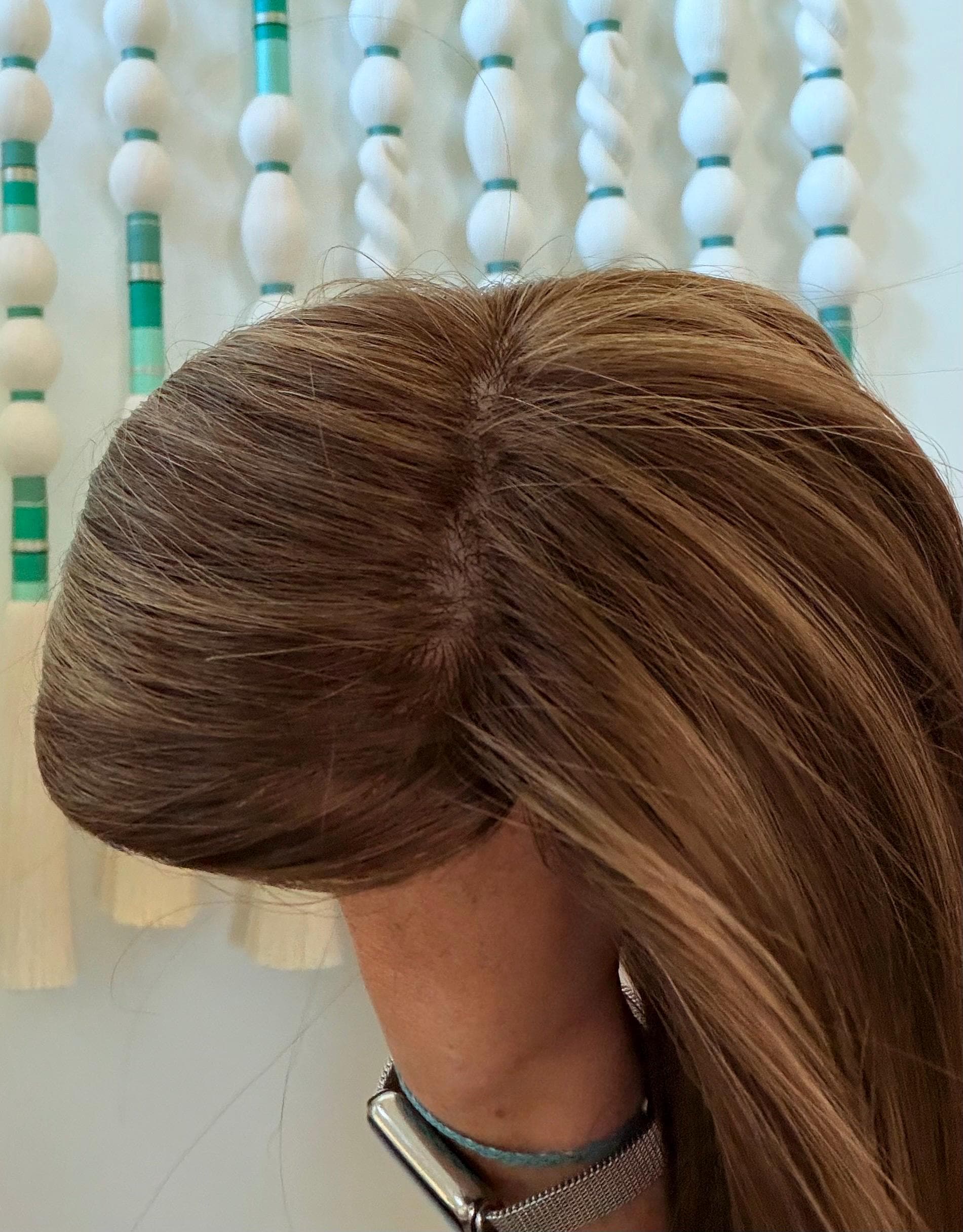 ALPINA 5x6.5”” Remy Human Hair Topper 16-20” silk top| Low Density | Brown with caramel Highlights