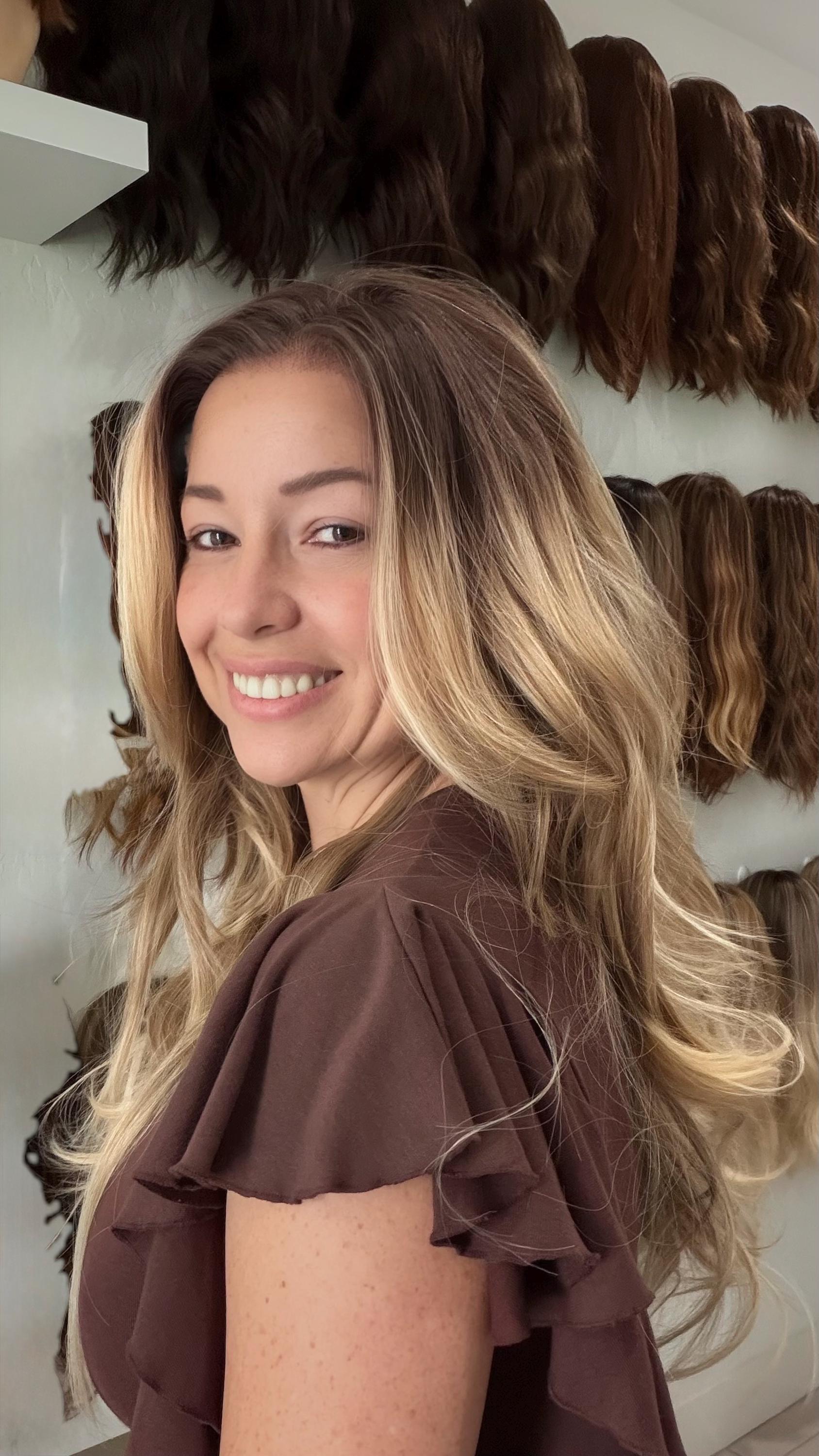 30" Lace Front Wig – Heat-Resistant Futura Fiber, Highlight Blonde Balayage Natural density Layered Haircut customization available CONDESA
