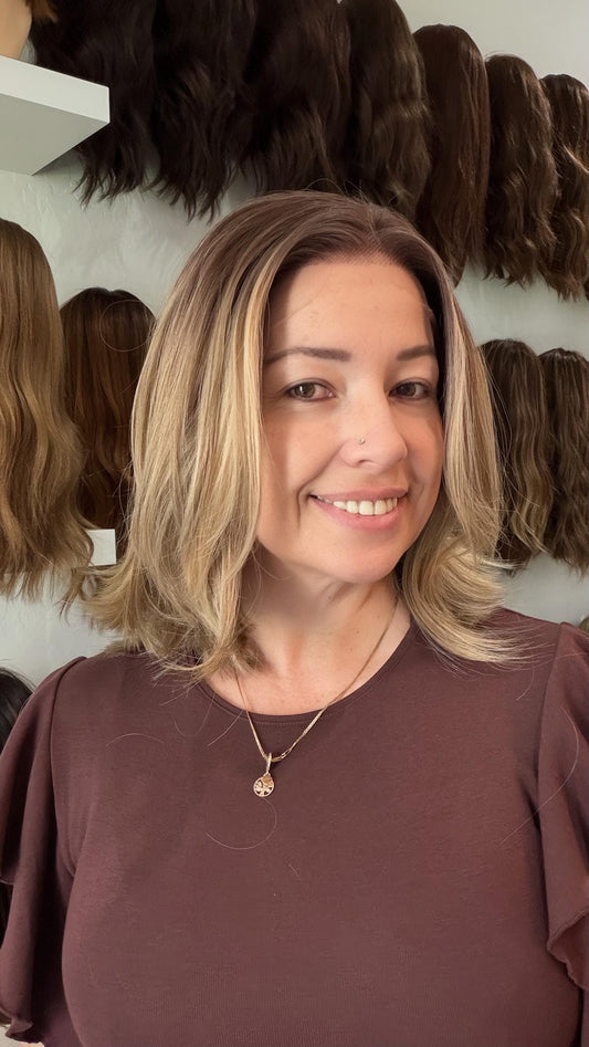 14" Lace Front Wig – Heat-Resistant Futura Fiber, Highlight Blonde Balayage Natural density Layered Haircut customization available PRINCESA