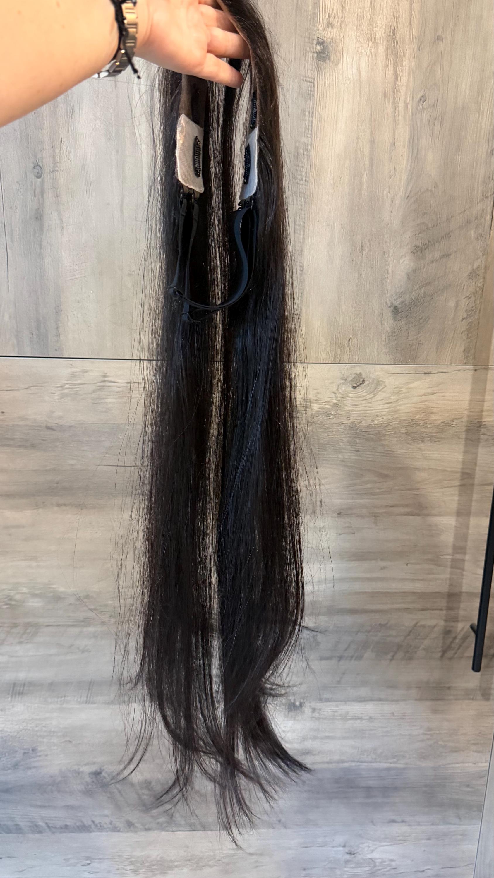 Human Hair Hairline Topper 1.5x12.5” Natural Black | Halo Attachment | High Density Ear-to-Ear Coverage | 24-26” custom piece Harmandeep