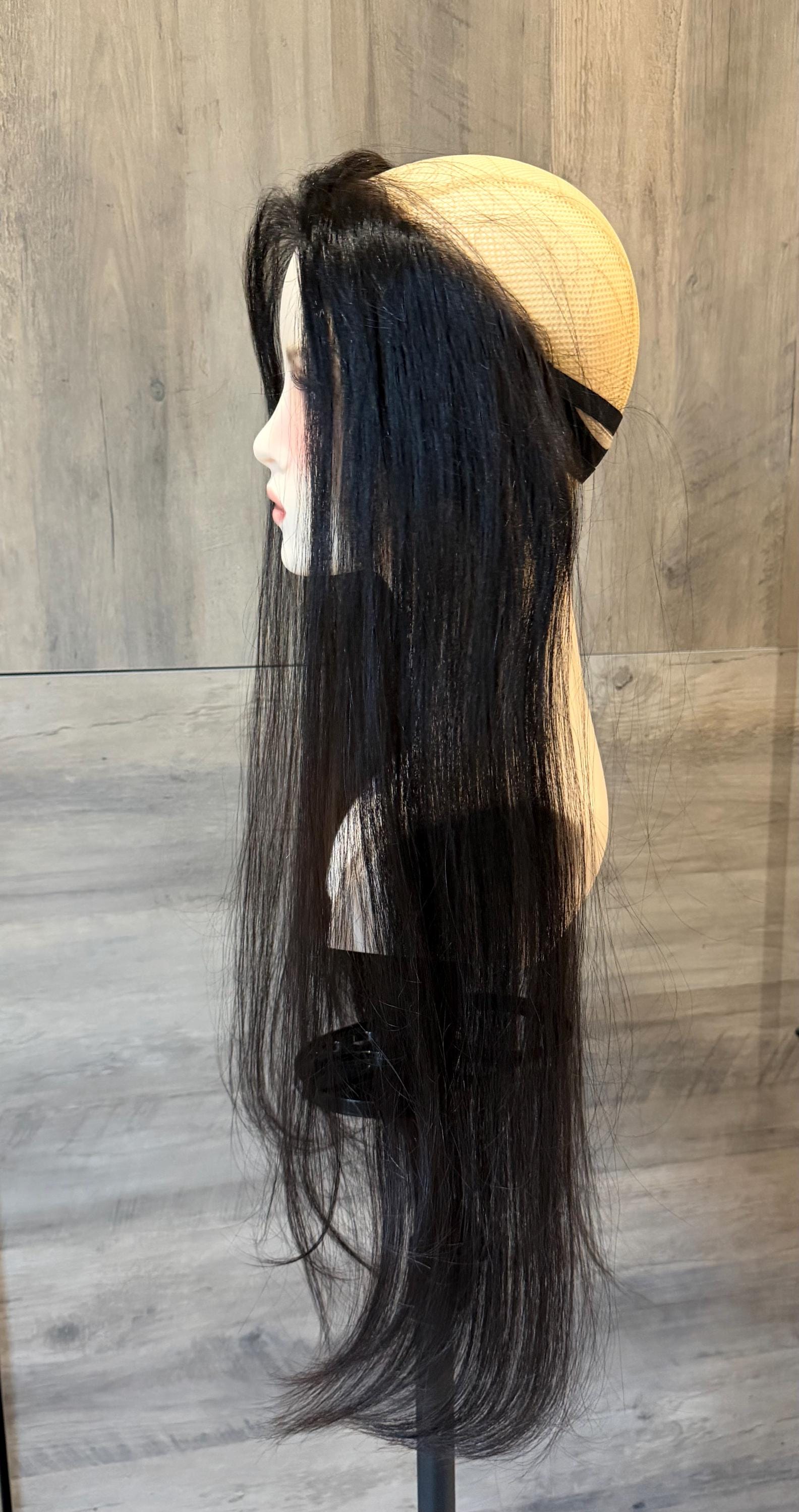 Human Hair Hairline Topper 1.5x12.5” Natural Black | Halo Attachment | High Density Ear-to-Ear Coverage | 24-26” custom piece Harmandeep