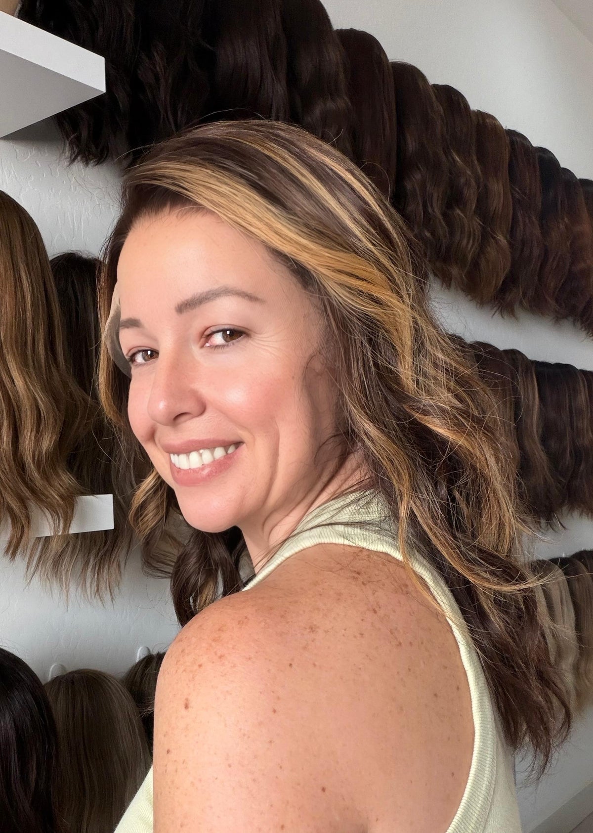 FINA Layered European Remy Human Hair Wig | Medium Density 13x6” Lace Top Wig | Warm bronde balayage | 18-26” Bleached Knot