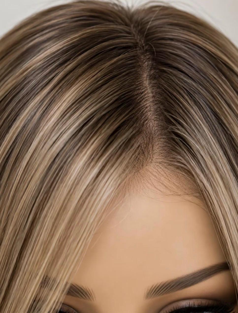 REBA Premium European Human Hair Lace Front Wig with Liner | Balayage Brown Highlights | Natural Density | Realistic Look 14-16”
