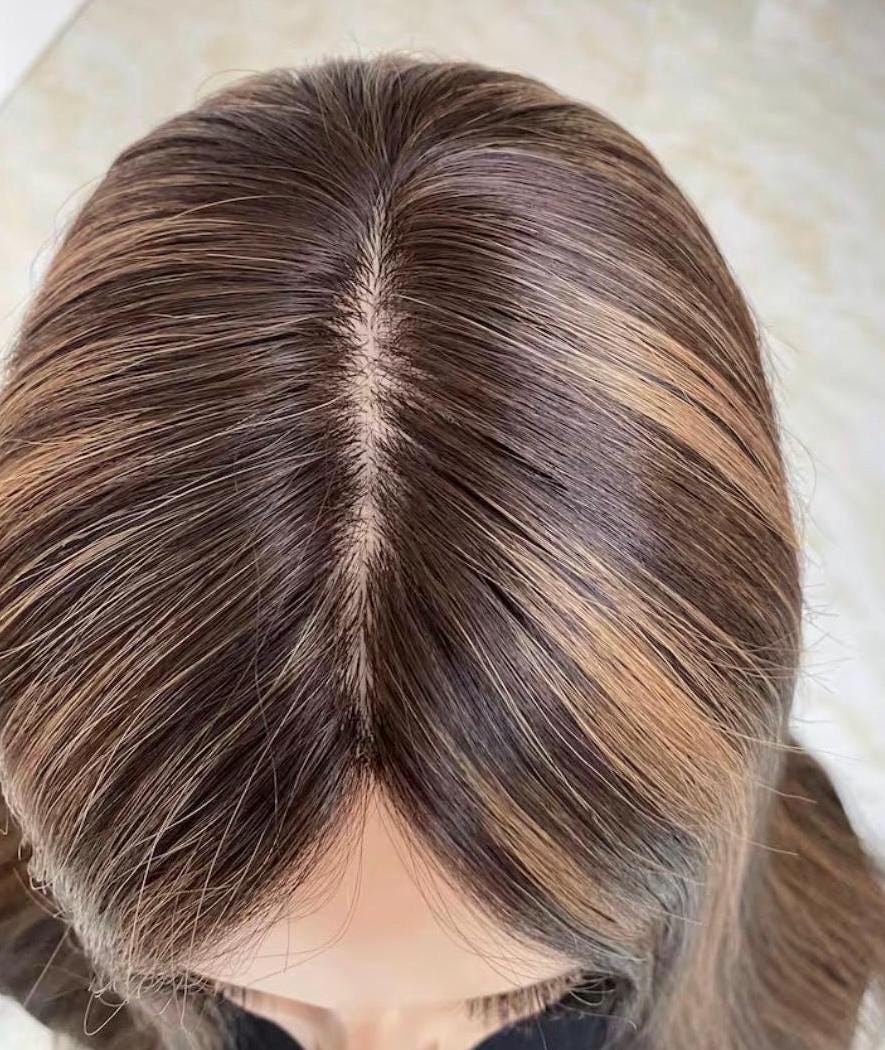 ALPINA 5x6.5”” Remy Human Hair Topper 16-20” silk top| Low Density | Brown with caramel Highlights