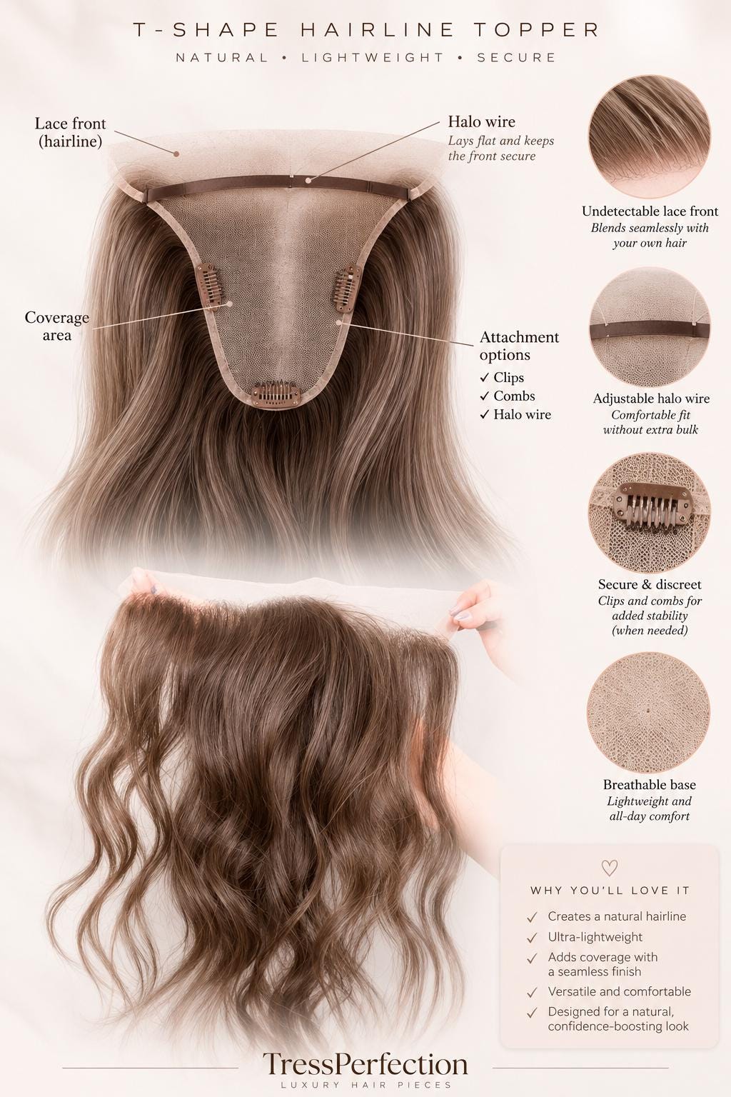 MONARK Brazilian Human Hair T-Crown T-Shaped Hairline Topper 2x11 + 4x6 deep base | Halo | Receding Hairline | Thinning Hair 10-16" t-lace
