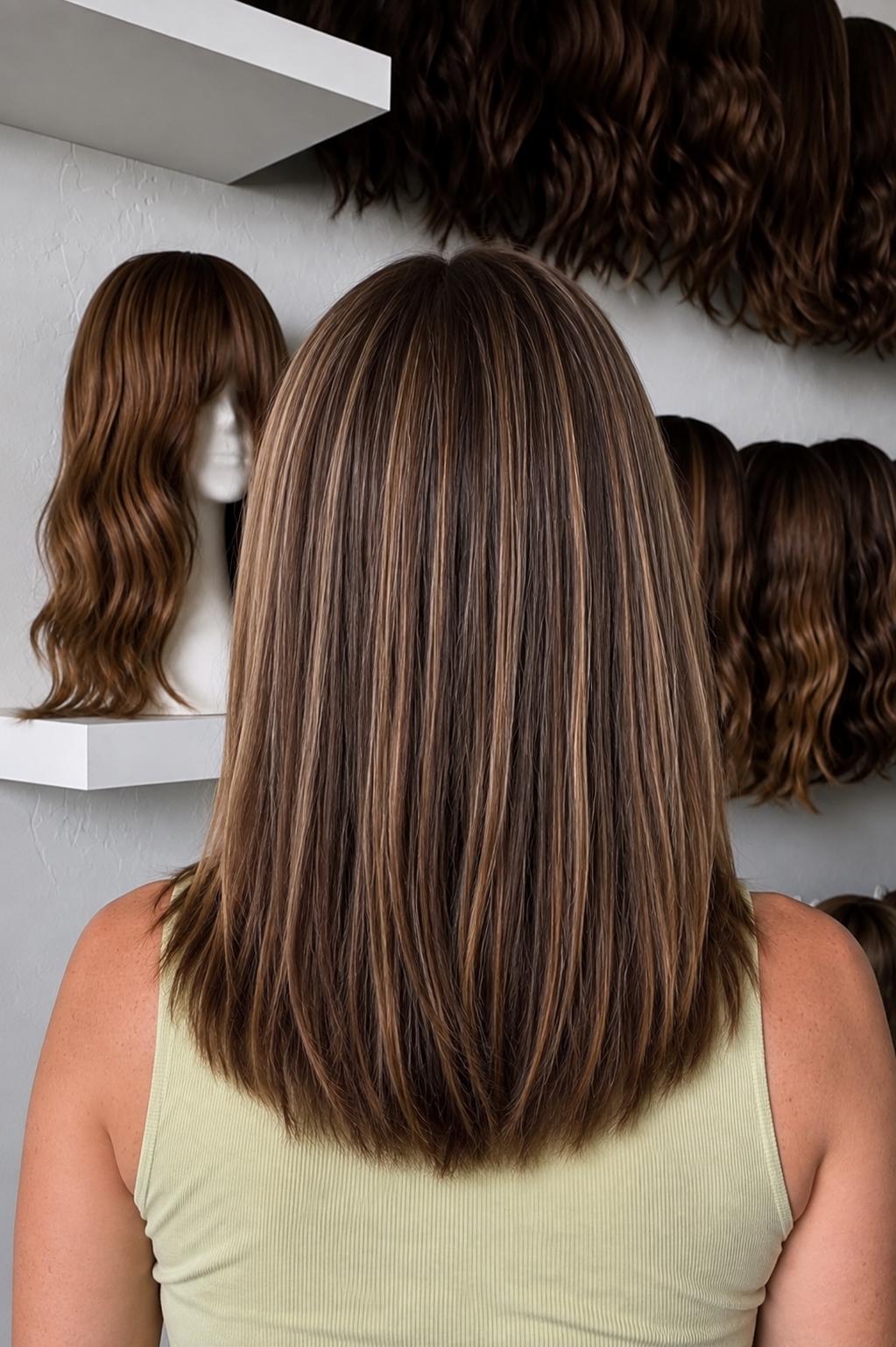 BALLERINA European Remy Human Hair Wig | Natural Density 5x5.5” Lace Top Wig | brown with light highlights 18”-26”