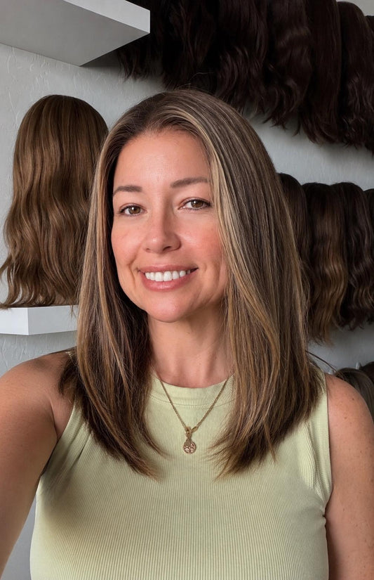 BALLERINA European Remy Human Hair Wig | Natural Density 5x5.5” Lace Top Wig | brown with light highlights 18”-26”
