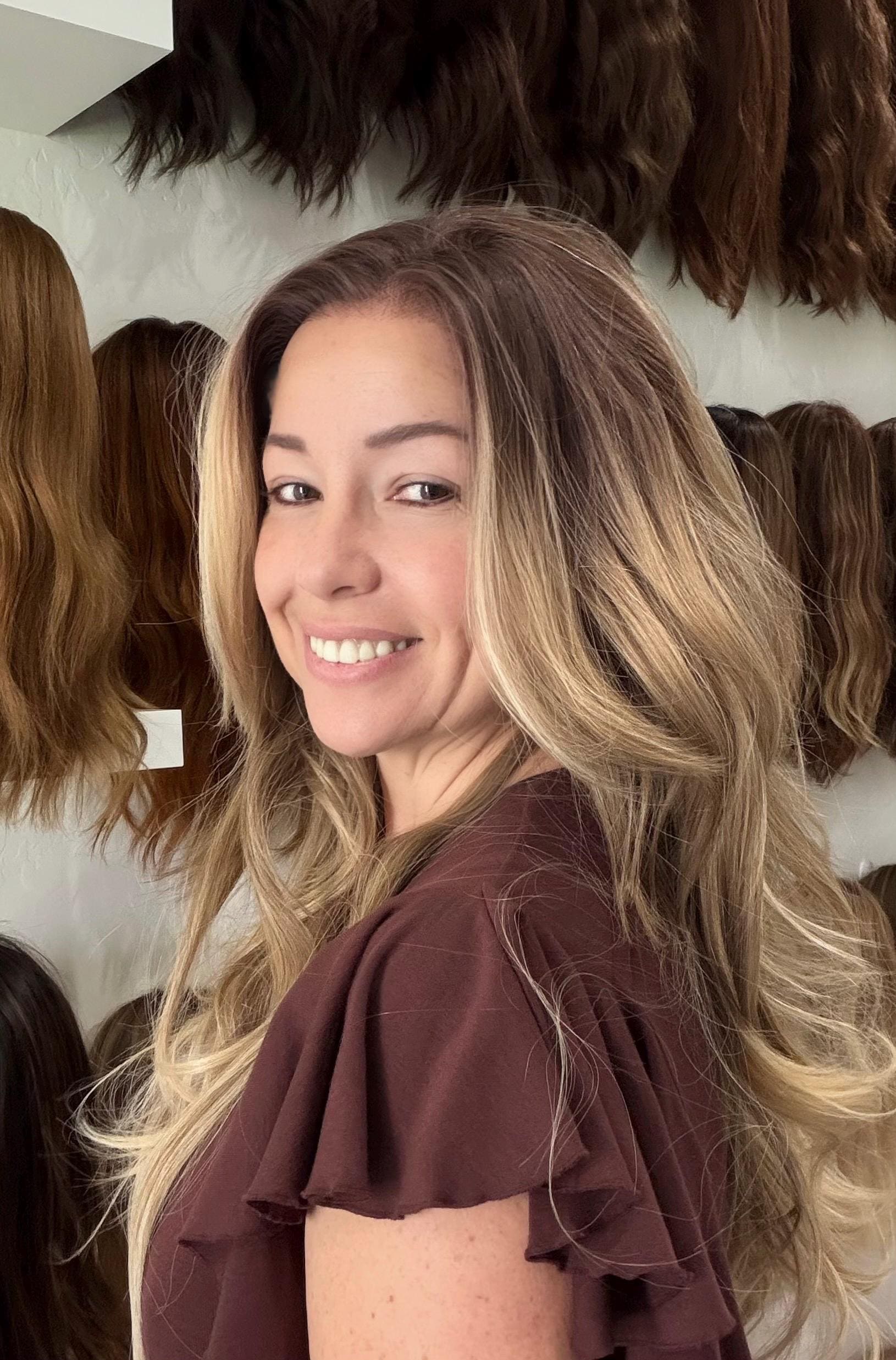 30" Lace Front Wig – Heat-Resistant Futura Fiber, Highlight Blonde Balayage Natural density Layered Haircut customization available CONDESA