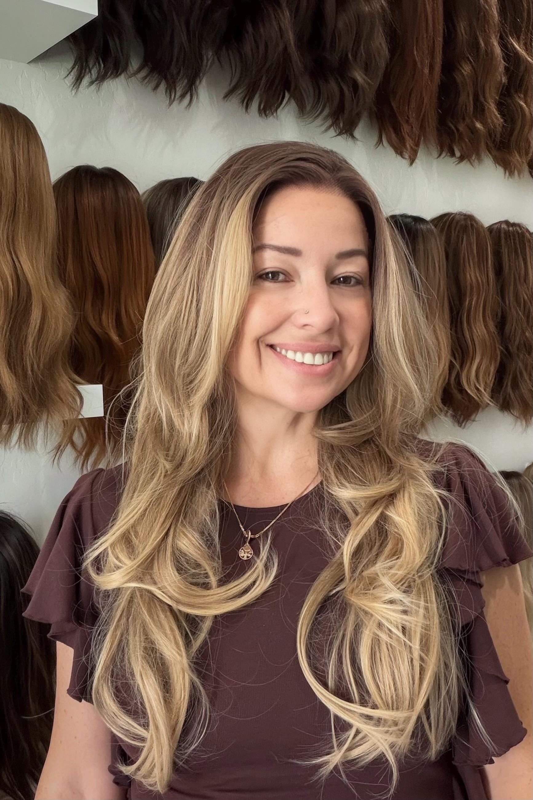 30" Lace Front Wig – Heat-Resistant Futura Fiber, Highlight Blonde Balayage Natural density Layered Haircut customization available CONDESA