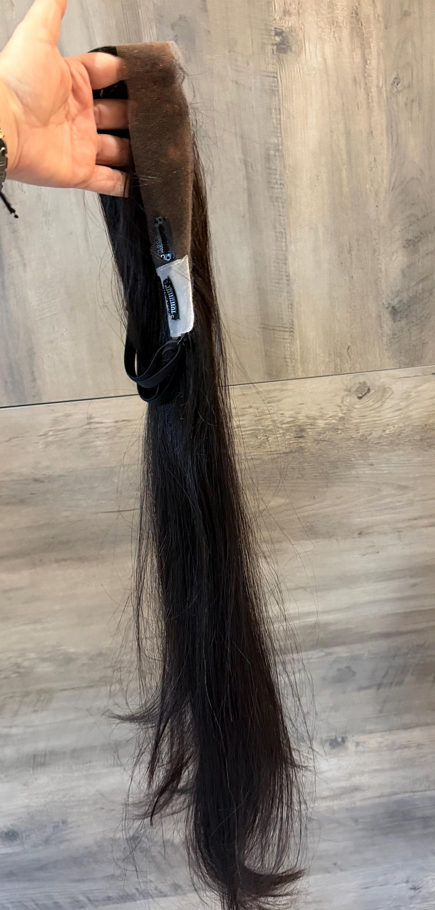 Human Hair Hairline Topper 1.5x12.5” Natural Black | Halo Attachment | High Density Ear-to-Ear Coverage | 24-26” custom piece Harmandeep
