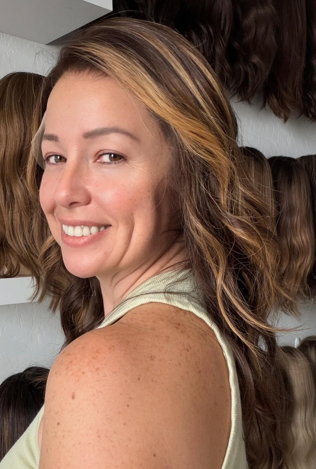 FINA Layered European Remy Human Hair Wig | Medium Density 13x6” Lace Top Wig | Warm bronde balayage | 18-26” Bleached Knot