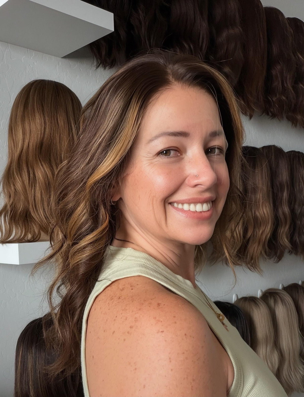 FINA Layered European Remy Human Hair Wig | Medium Density 13x6” Lace Top Wig | Warm bronde balayage | 18-26” Bleached Knot
