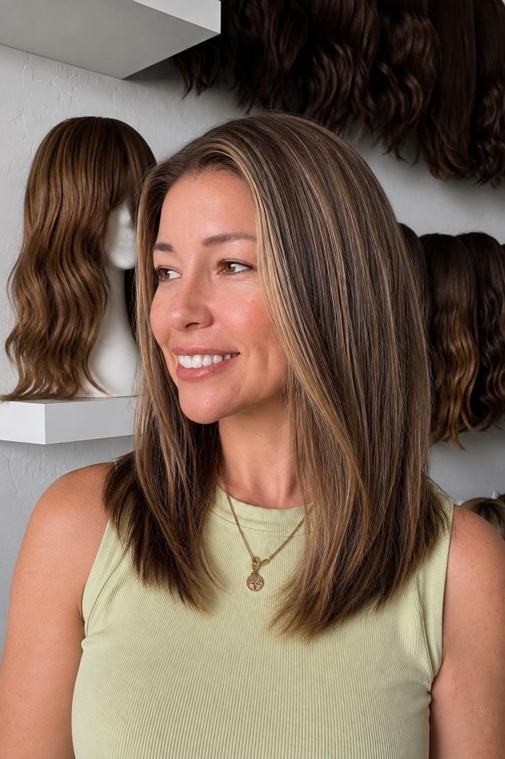 BALLERINA European Remy Human Hair Wig | Natural Density 5x5.5” Lace Top Wig | brown with light highlights 18”-26”