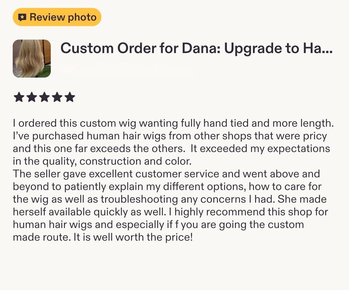 Custom Order for Dana: Upgrade to Handtied cap on Kimmy, 4 Full Head Wig holds, 2 wig band holds. Beige. Expedite price