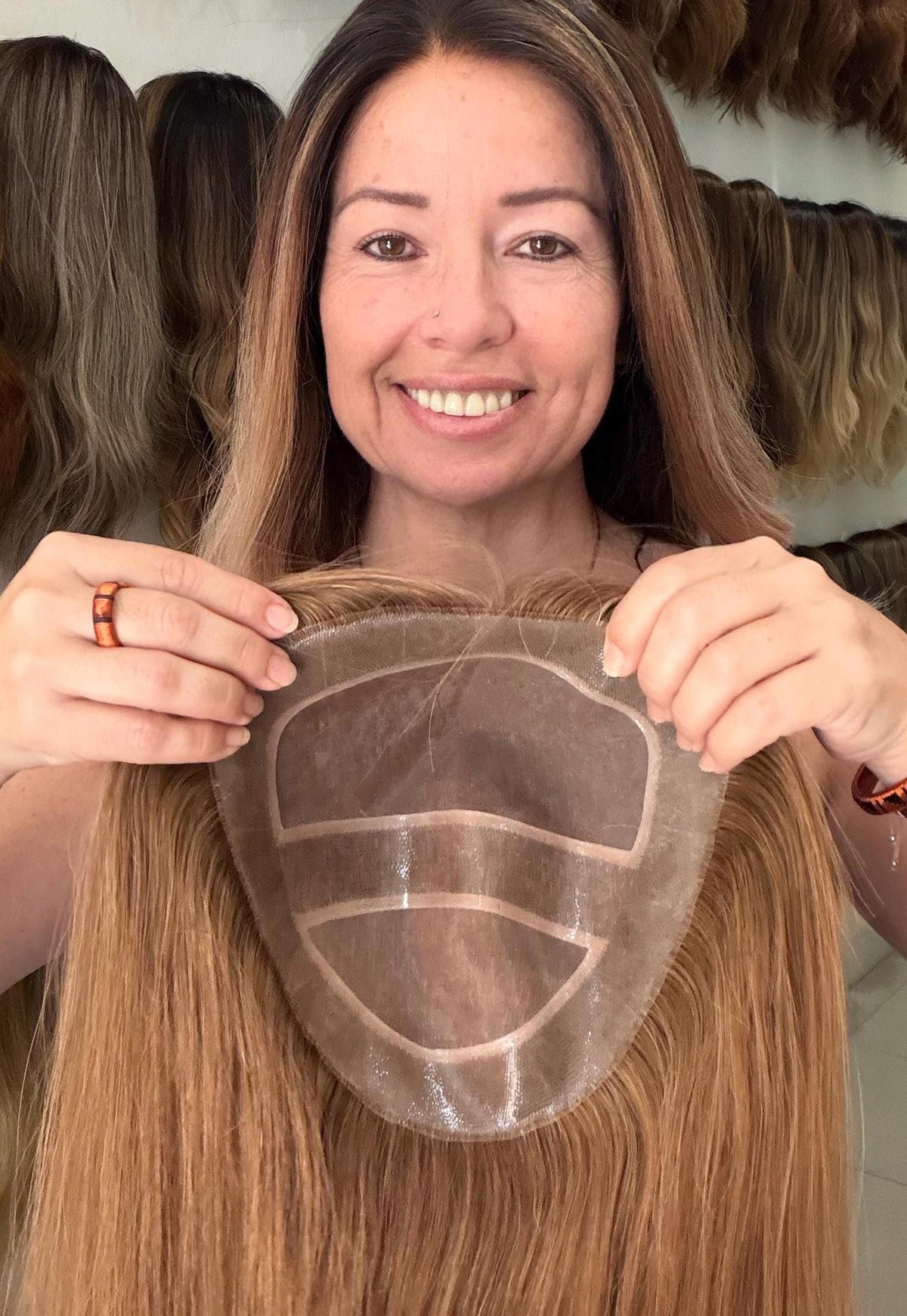 ERIK Custom-Made Clipless Human Hair Topper 18" | Glue-On Topper |8.5x8.25” Monofilament | handtied Hairpiece density 220gm diamond shape