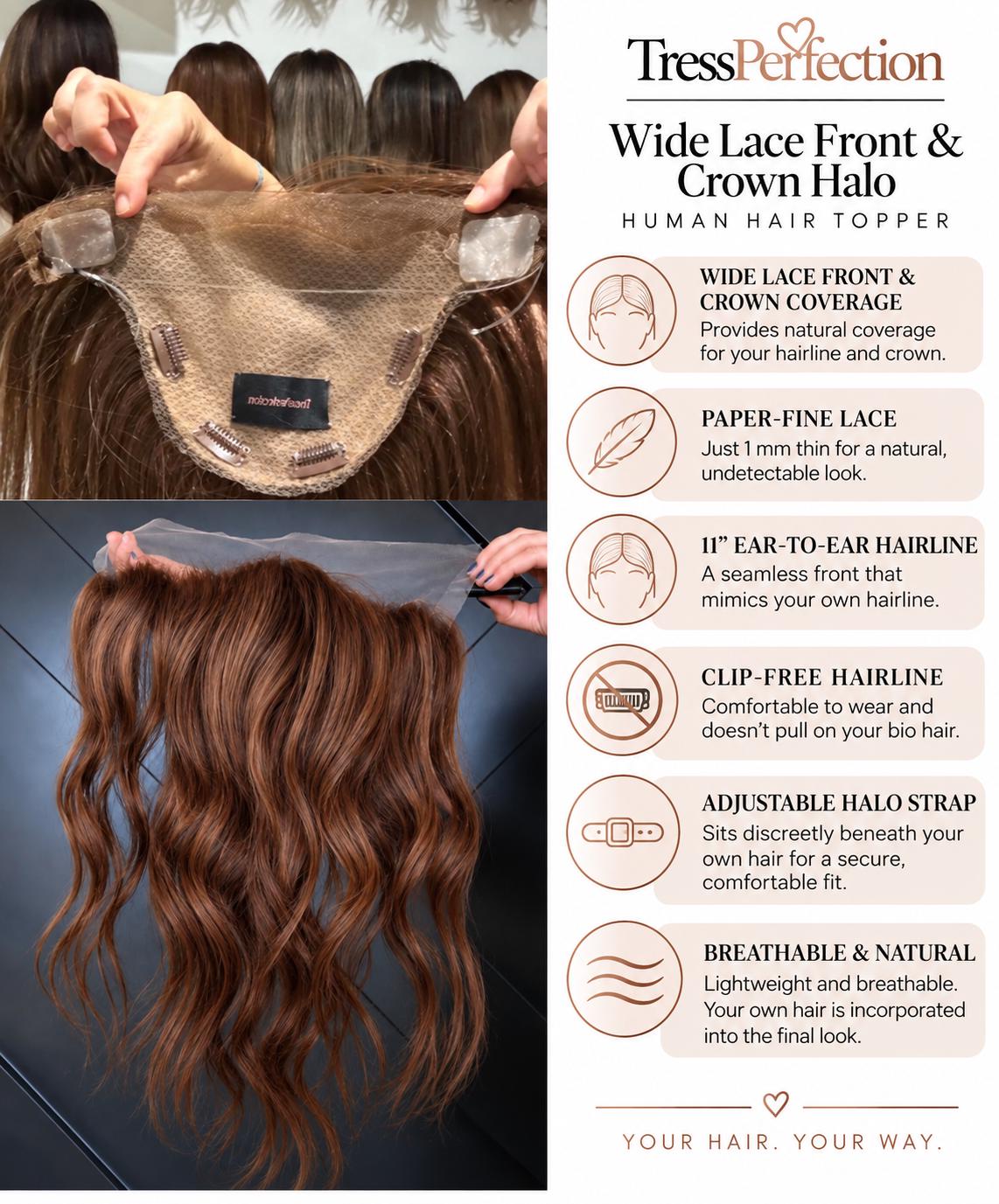 Human Hair Frontal topper SALE Mongolian 2x11 + 4x6 Deep Base Reddish Brown Wide Lace Front & Crown Halo Human Hair Topper | 12-14” PATTY