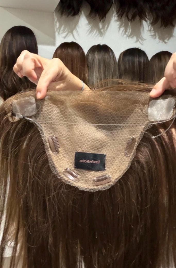 Human Hair Frontal topper SALE Mongolian 2x11 + 4x6 Deep Base Reddish Brown Wide Lace Front & Crown Halo Human Hair Topper | 12-14” PATTY