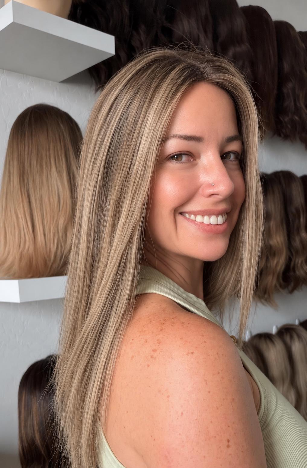 LYCHE 9x9” Remy Human Hair Topper 16-20” silk top| Low Density | ash brown with ashy blonde highlights