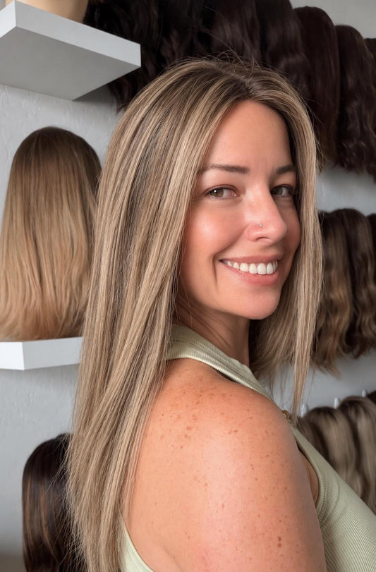LYCHE 9x9” Remy Human Hair Topper 16-20” silk top| Low Density | ash brown with ashy blonde highlights