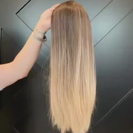 COLETTE 18” European Silk Top Human Hair Topper – Rooted Brown to Beige Blonde | 6x7 Base | Remy Hair |  Clip-In Topper Final Sale