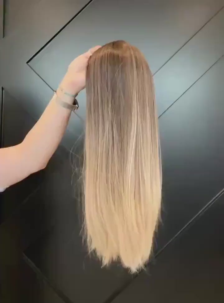 COLETTE 18” European Silk Top Human Hair Topper – Rooted Brown to Beige Blonde | 6x7 Base | Remy Hair |  Clip-In Topper Final Sale
