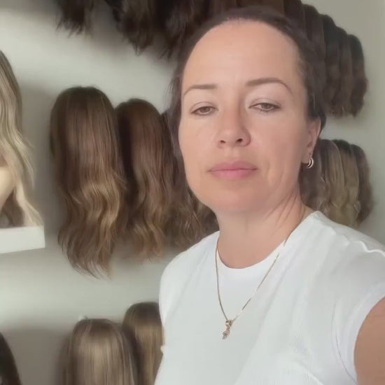 MADELEINE 9x9 Clipless Brazilian Remy Human Hair with Halo | 5x5 Lace Top, ash blonde rooted, 16”, low density