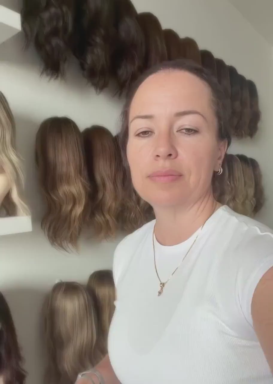 MADELEINE 9x9 Clipless Brazilian Remy Human Hair with Halo | 5x5 Lace Top, ash blonde rooted, 16”, low density