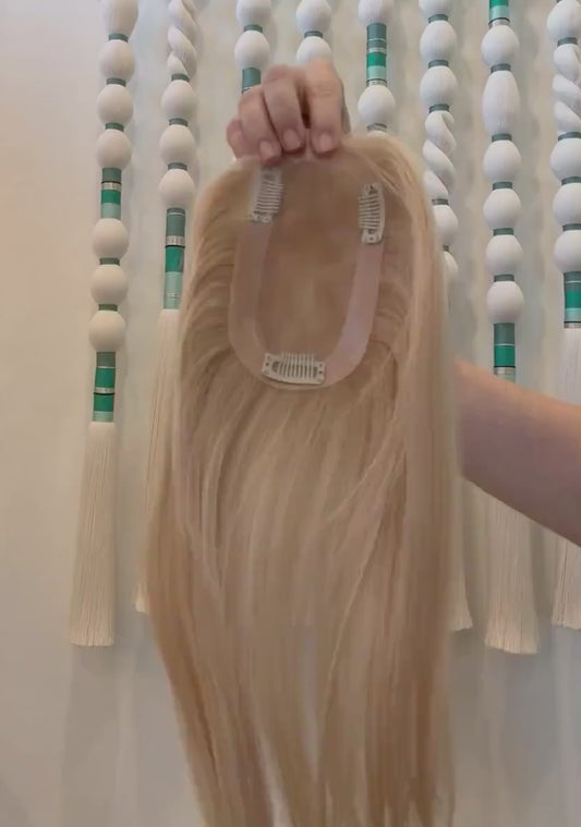 ALFAJOR  Remy Human Hair Topper 16" | 3x5.5” monofilament top| Natural Density | Bright Blonde with blonde lowlights