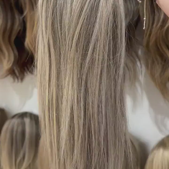 LYCHE  9x9” Remy Human Hair Topper 16-20” silk top| Low Density | ash brown with ashy blonde highlights