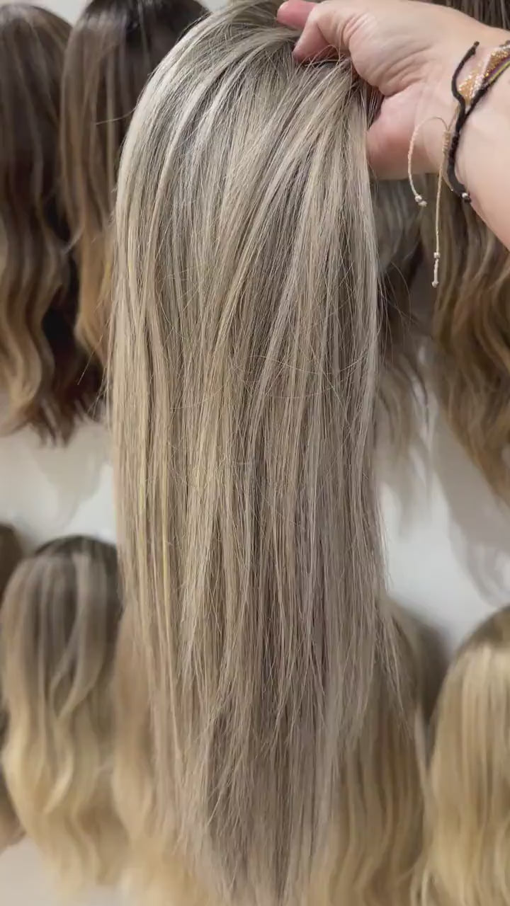LYCHE  9x9” Remy Human Hair Topper 16-20” silk top| Low Density | ash brown with ashy blonde highlights