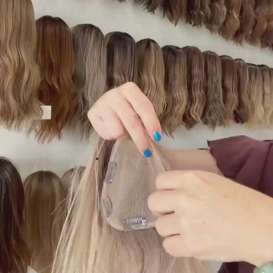 Human Hair Lace front halo Topper 5x5” | ashy blonde  mushroom roots Human hair | hair Coverage | Thinning Hair | 14" | bleached knots TOTO