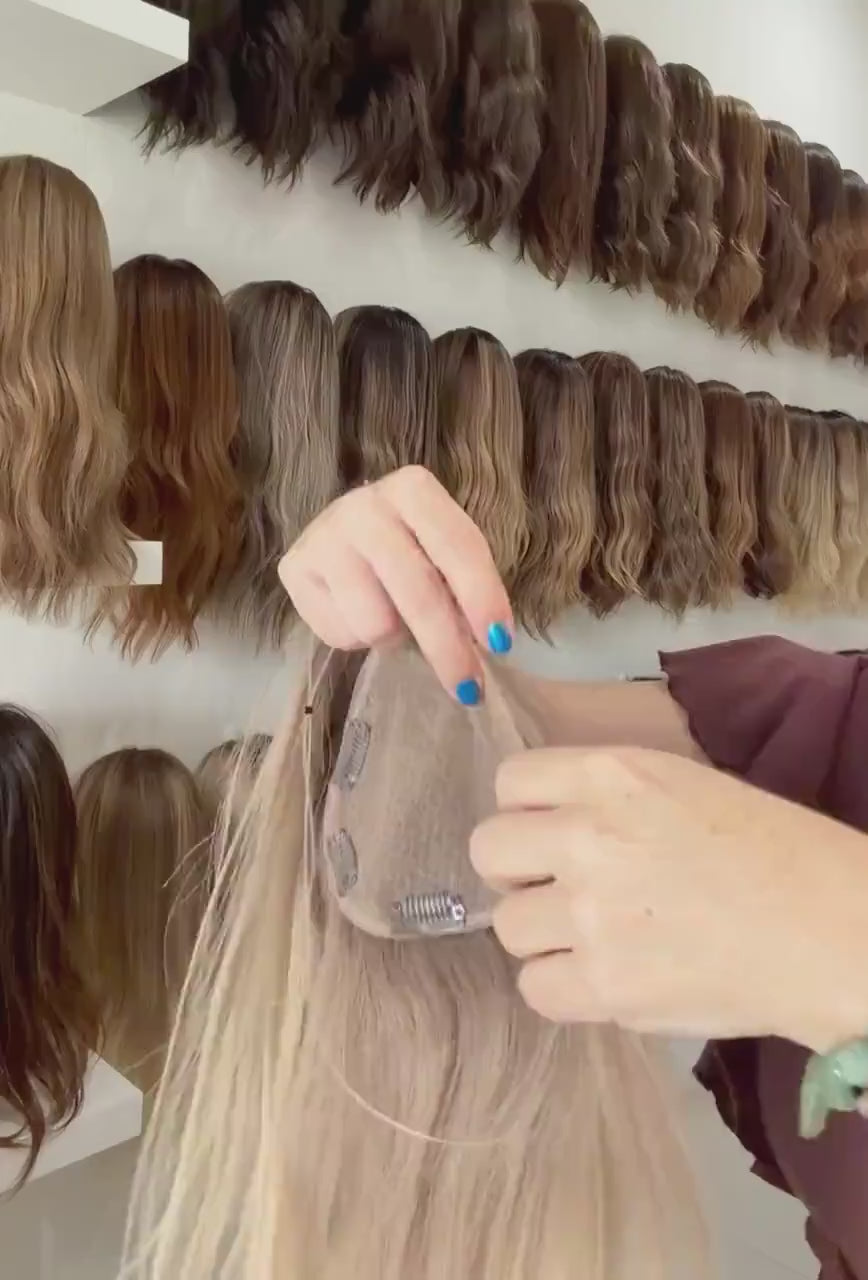 Human Hair Lace front halo Topper 5x5” | ashy blonde  mushroom roots Human hair | hair Coverage | Thinning Hair | 14" | bleached knots TOTO