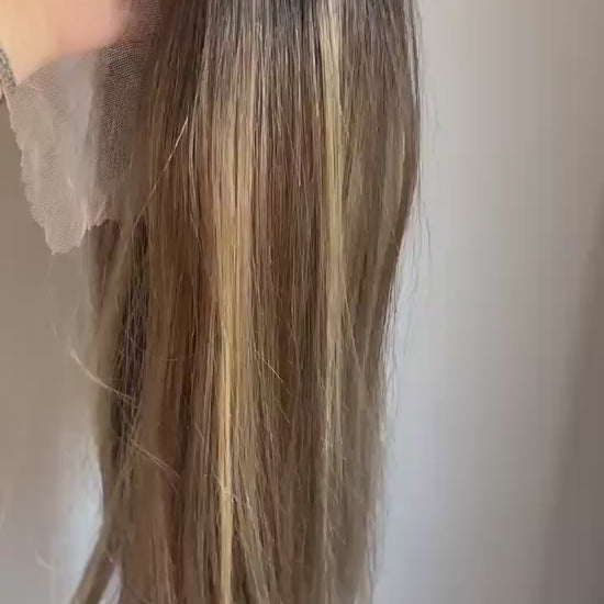 30" Lace Front Wig Rooted Honey Blonde Balayage, Heat-Resistant Futura Fiber Natural density Layered  customization available  CAMELIA