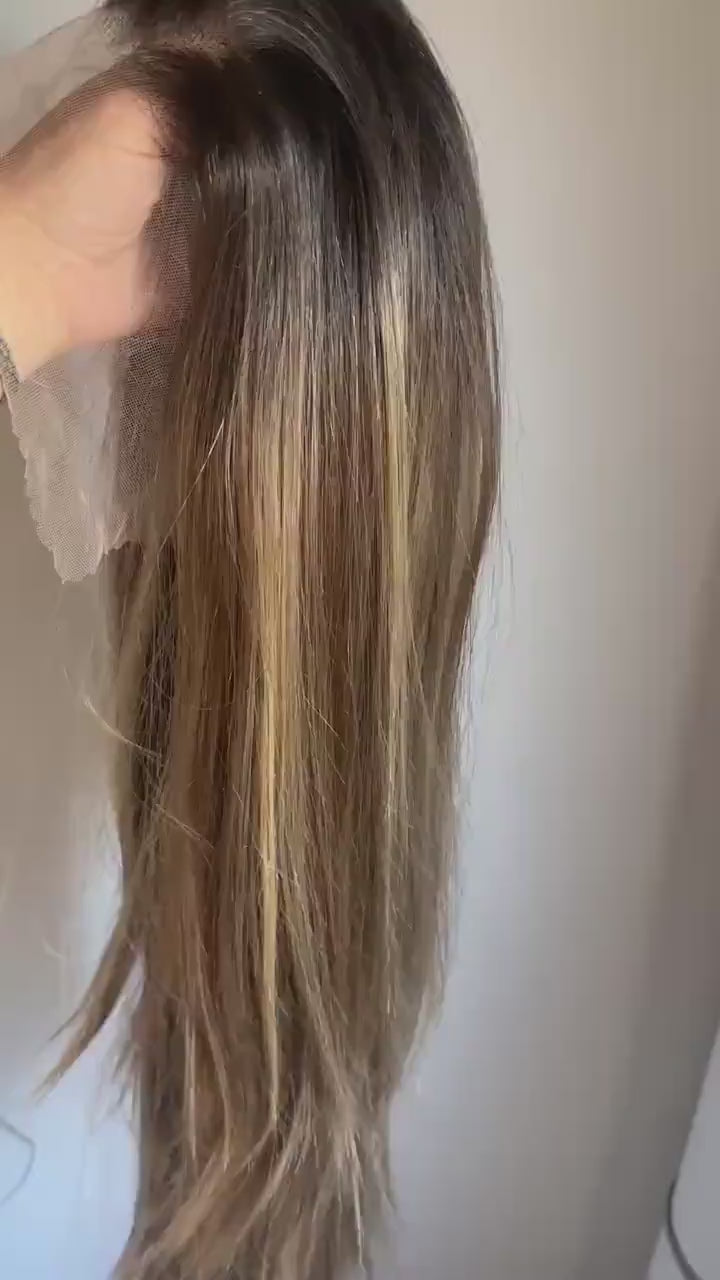 30" Lace Front Wig Rooted Honey Blonde Balayage, Heat-Resistant Futura Fiber Natural density Layered  customization available  CAMELIA