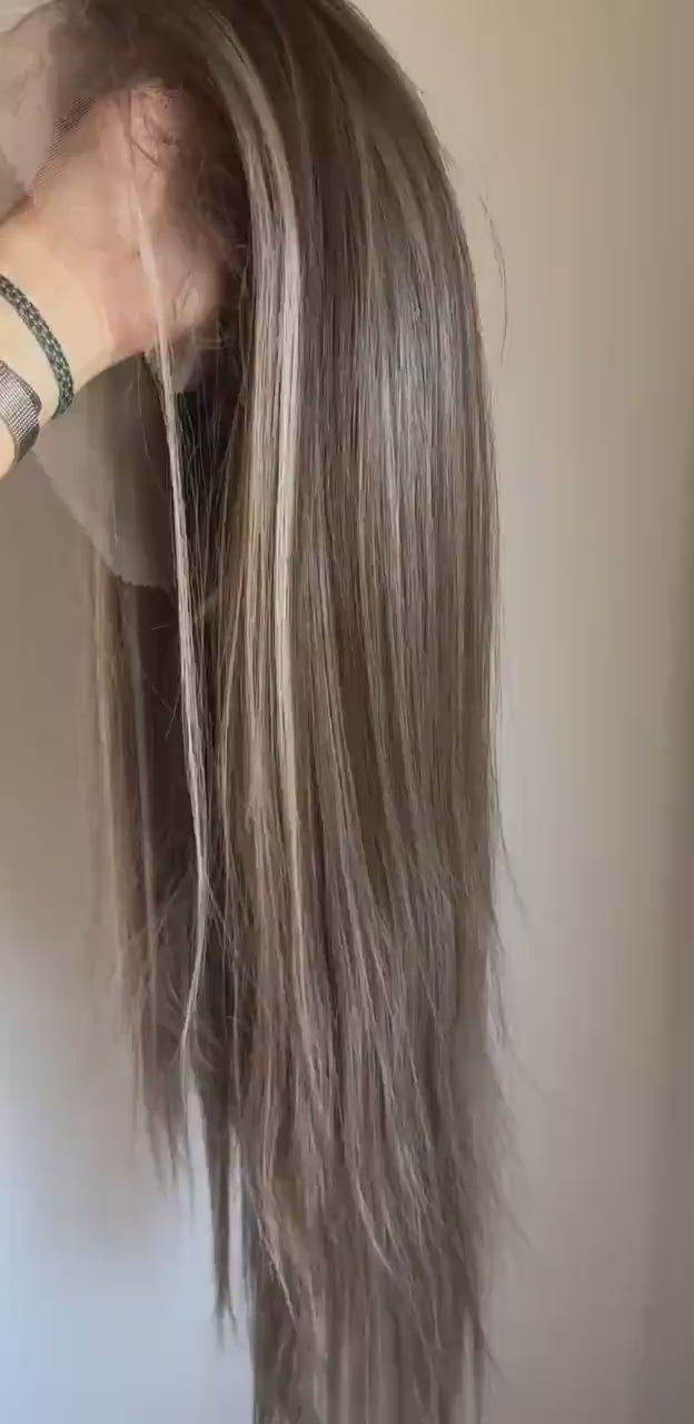 Lace Front Wig – 30" Long Futura Fiber, Heat-Resistant Blonde Highlights Natural density Layered Haircut customization available  LIRIO