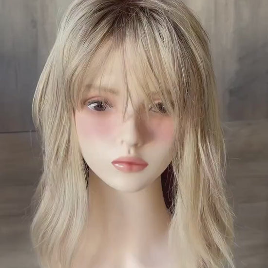 Human Hair Fringe Bangs Topper 3x4.5” | ashy blonde with mushroom roots Human hair | hair Coverage | Thinning Hair | 10" | CHITAKE