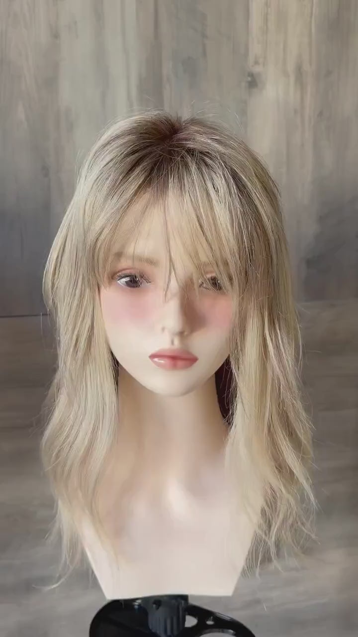 Human Hair Fringe Bangs Topper 3x4.5” | ashy blonde with mushroom roots Human hair | hair Coverage | Thinning Hair | 10" | CHITAKE